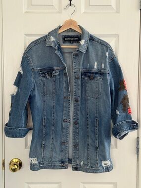 Express Distressed Blue Denim Jacket with Floral Sleeve Patch